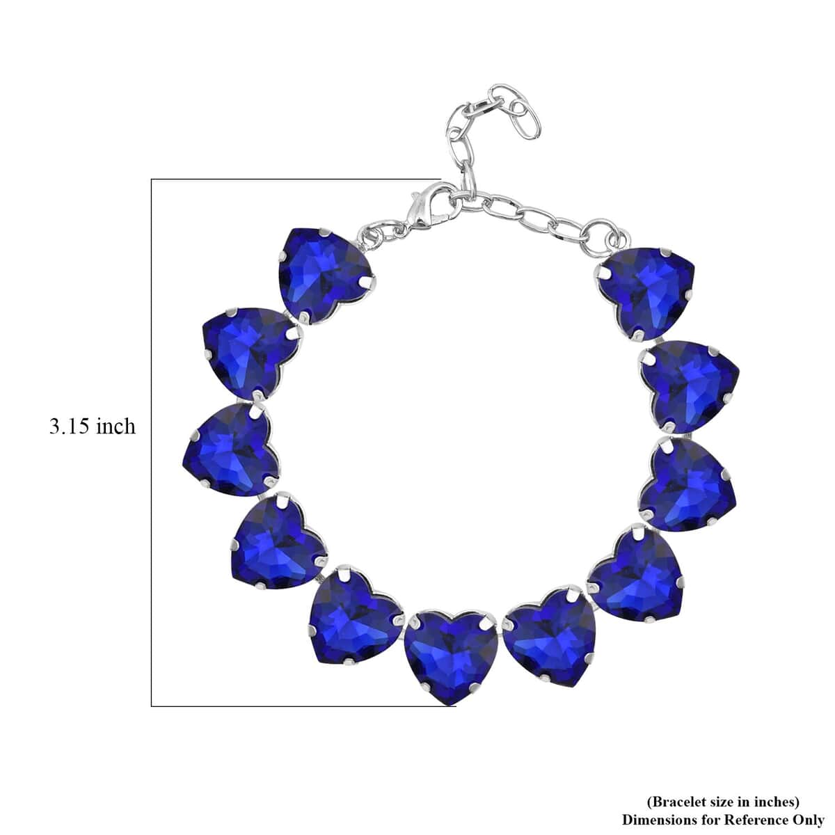 Sapphire Blue Color Glass Heart Bracelet in Silvertone (7.50-9.50In) image number 3