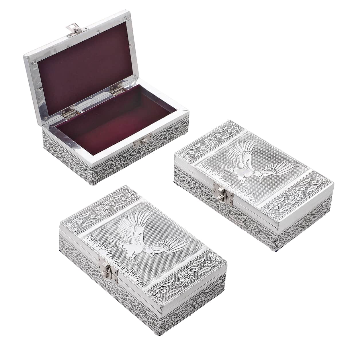 "Set of 3, Eagle Embossed Rectangular Aluminium Oxidized Storage Boxes SIZE: 6.5(L)x4(W)x1.75(H) inches COLOR: Silver" image number 0