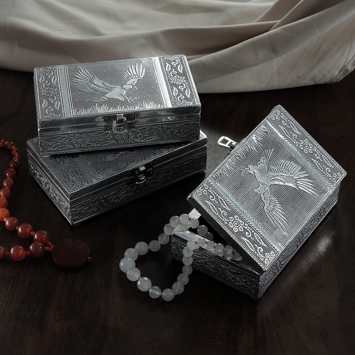 Handcrafted Set of 3, Eagle Embossed Rectangular Aluminium Oxidized Storage Box