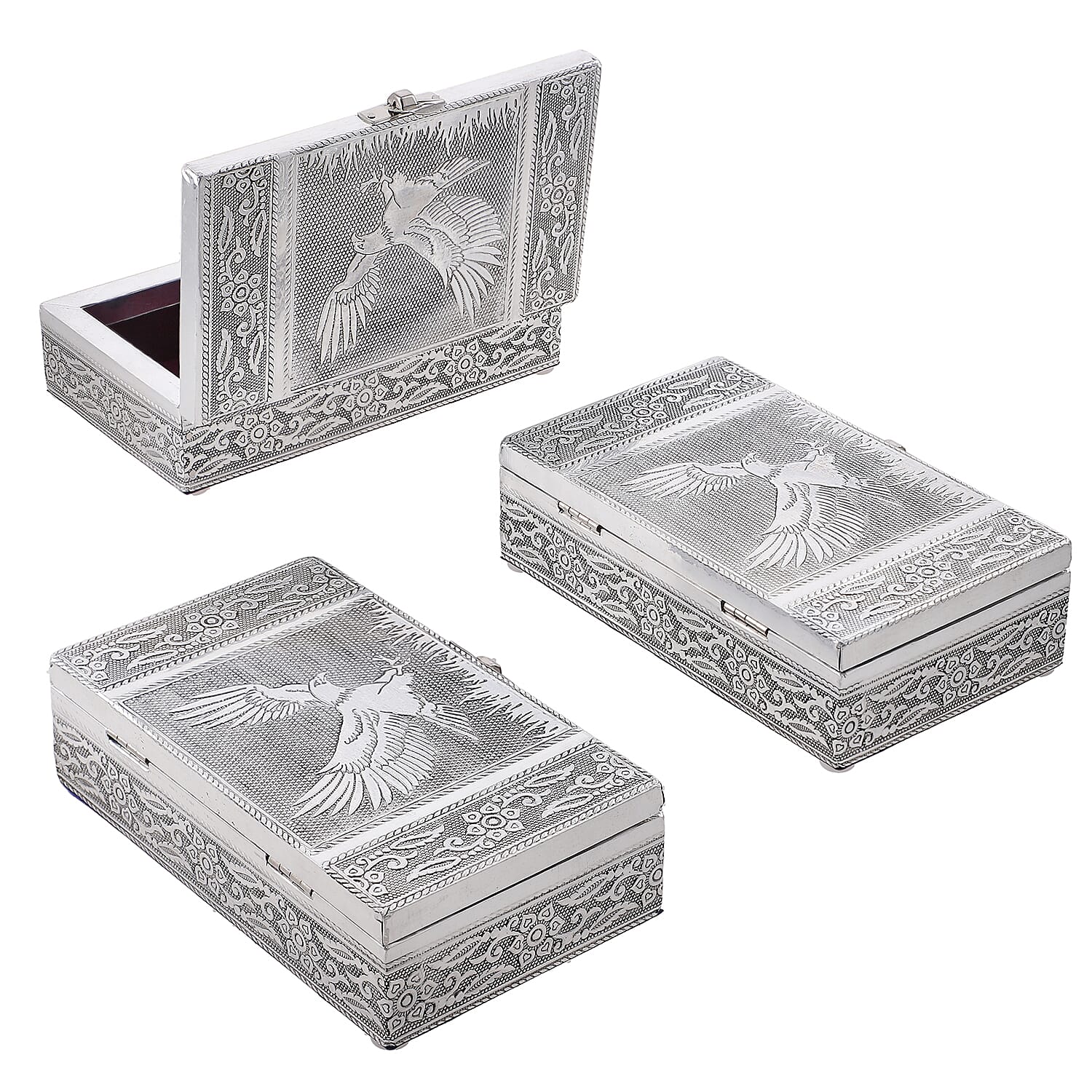 Handcrafted Set of 3, Eagle Embossed Rectangular Aluminium Oxidized Storage Box