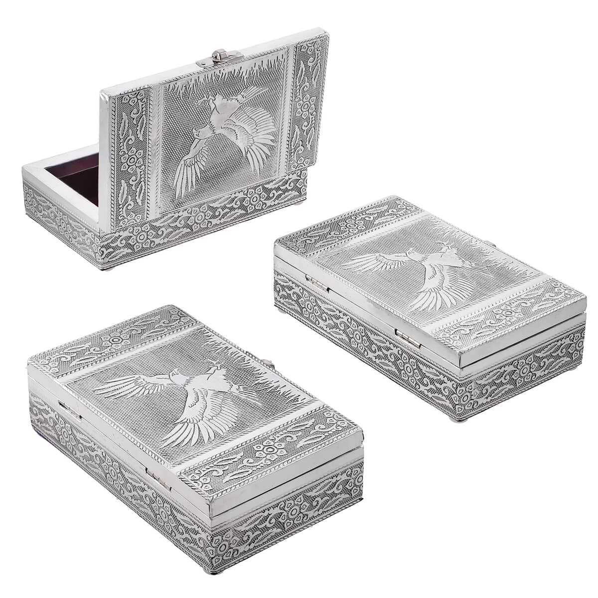 "Set of 3, Eagle Embossed Rectangular Aluminium Oxidized Storage Boxes SIZE: 6.5(L)x4(W)x1.75(H) inches COLOR: Silver" image number 2