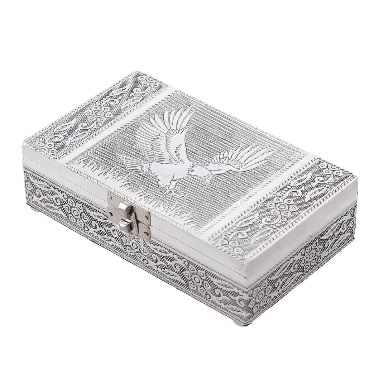 "Set of 3, Eagle Embossed Rectangular Aluminium Oxidized Storage Boxes SIZE: 6.5(L)x4(W)x1.75(H) inches COLOR: Silver" image number 3