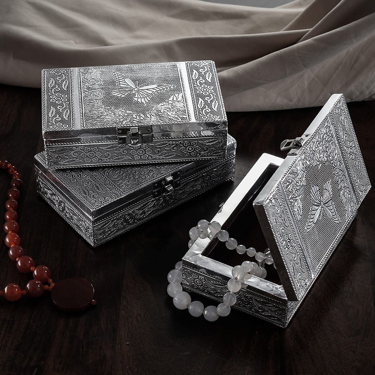 Handcrafted Set of 3, Butterfly Embossed Rectangular Aluminium Oxidized Storage Box image number 1