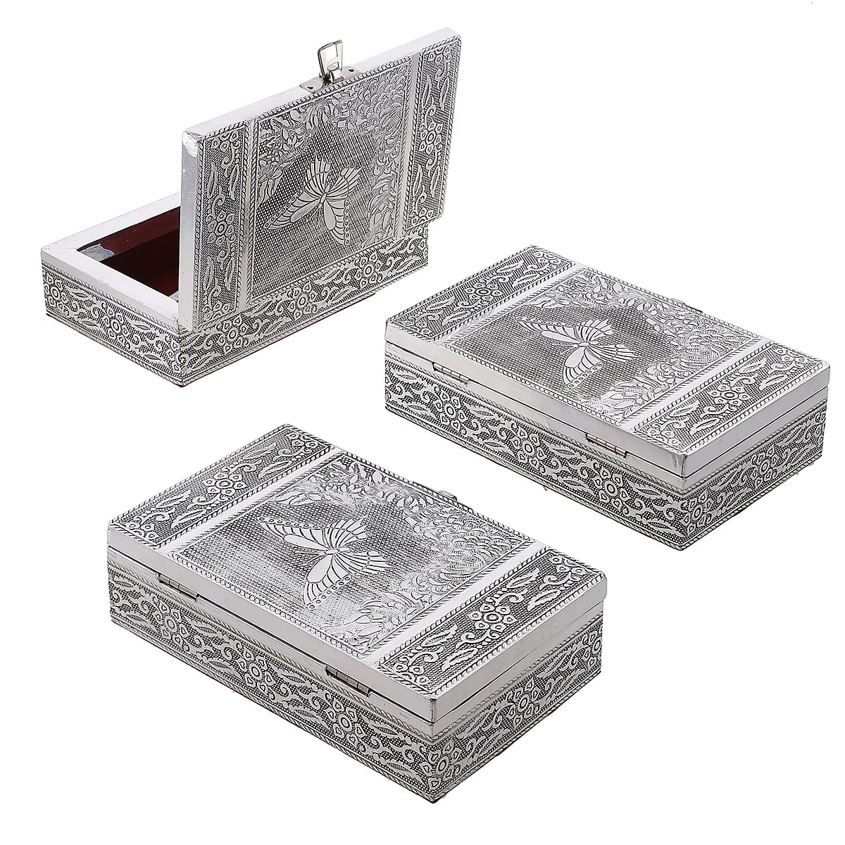 Handcrafted Set of 3, Butterfly Embossed Rectangular Aluminium Oxidized Storage Box image number 2