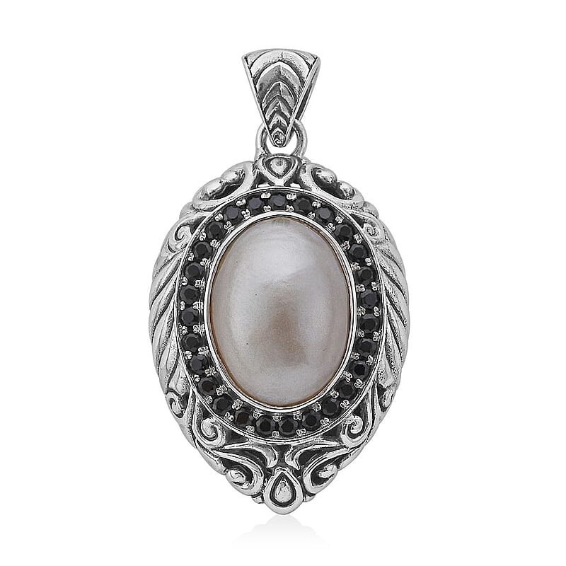Bali Legacy White Mabe Pearl and Thai Black Spinel Floral Pendant in Sterling Silver 1.00 ctw