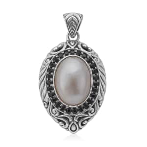 Mother’s Day Gift Bali Legacy White Mabe Pearl and Thai Black Spinel Floral Pendant in Sterling Silver 1.00 ctw