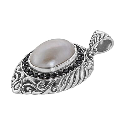Bali Legacy White Mabe Pearl and Thai Black Spinel Floral Pendant in Sterling Silver 1.00 ctw