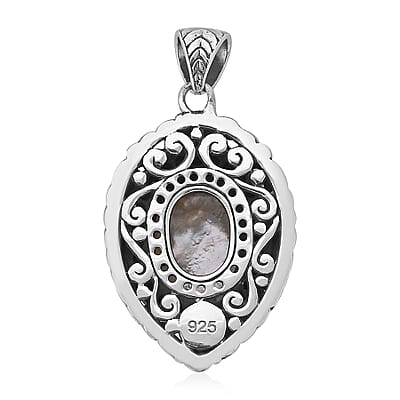 Bali Legacy White Mabe Pearl and Thai Black Spinel Floral Pendant in Sterling Silver 1.00 ctw