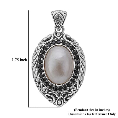 Bali Legacy White Mabe Pearl and Thai Black Spinel Floral Pendant in Sterling Silver 1.00 ctw