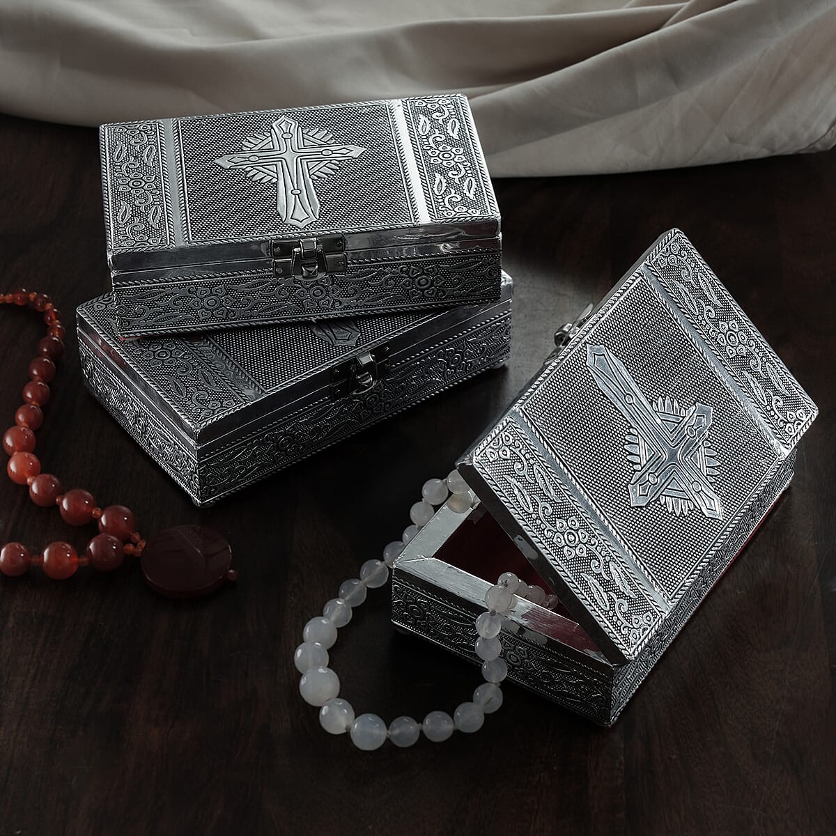 Handcrafted Set of 3, Cross Embossed Rectangular Aluminium Oxidized Storage Box image number 1