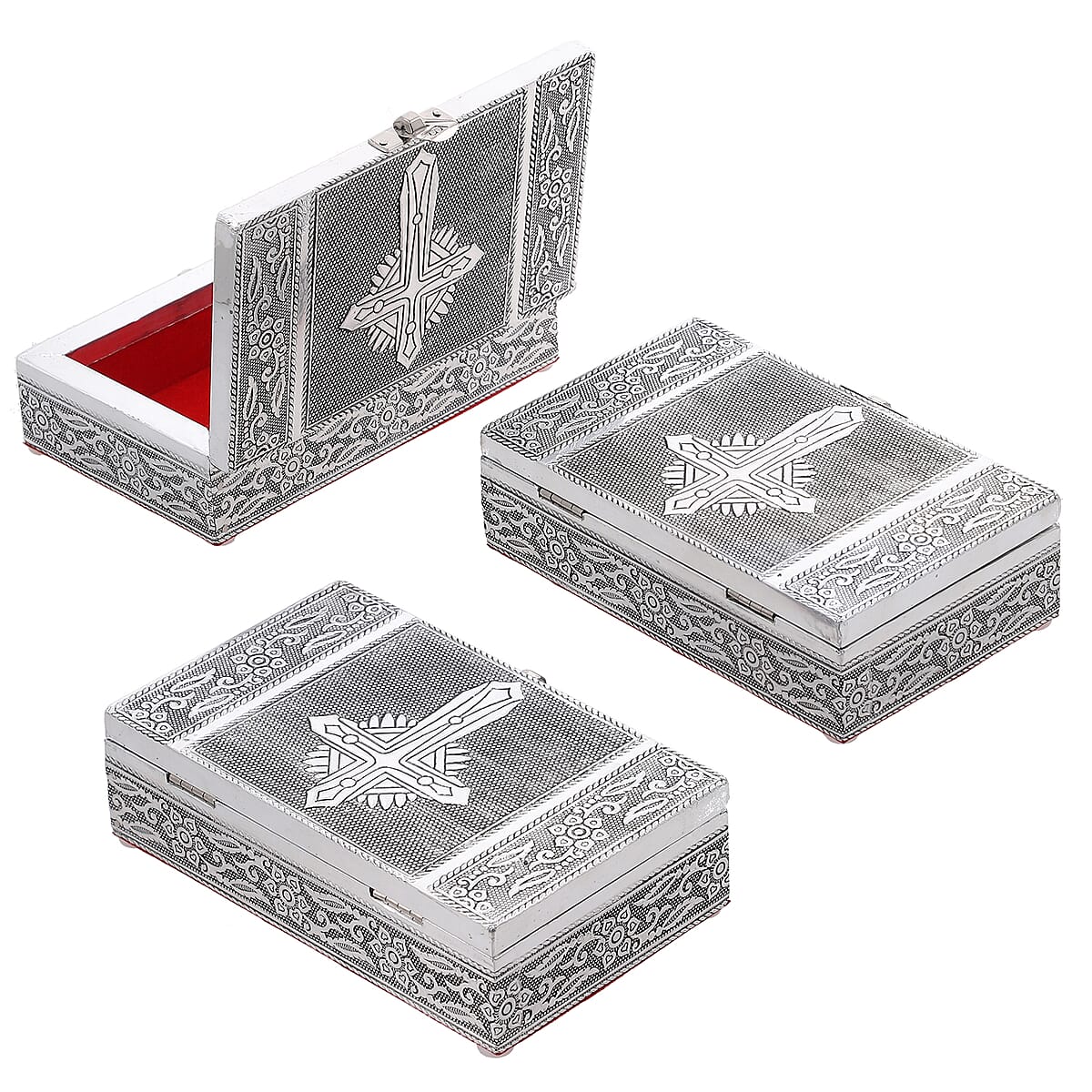 Handcrafted Set of 3, Cross Embossed Rectangular Aluminium Oxidized Storage Box image number 2