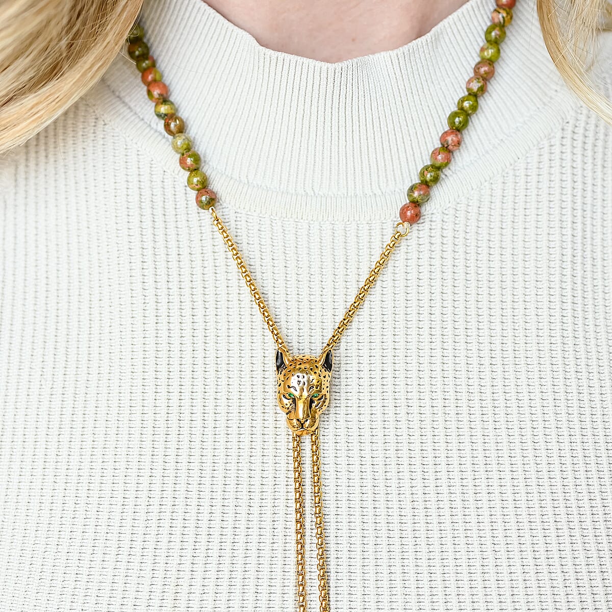 EverTrue Unakite, Neon Green Crystal Beaded Panther Slider Necklace (18 Inches) in ION Plated YG Stainless Steel 111.50 ctw , Tarnish-Free, Waterproof, Sweat Proof Jewelry image number 3