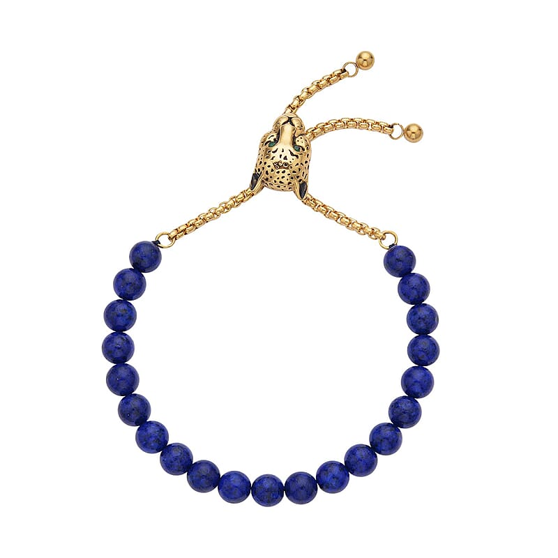 EverTrue Lapis Lazuli, Neon Green Austrian Crystal Bolo Bracelet with Panther Motif Slider Lock in ION Plated YG Stainless Steel (6-9In) 30.00 ctw , Tarnish-Free, Waterproof, Sweat Proof Jewelry