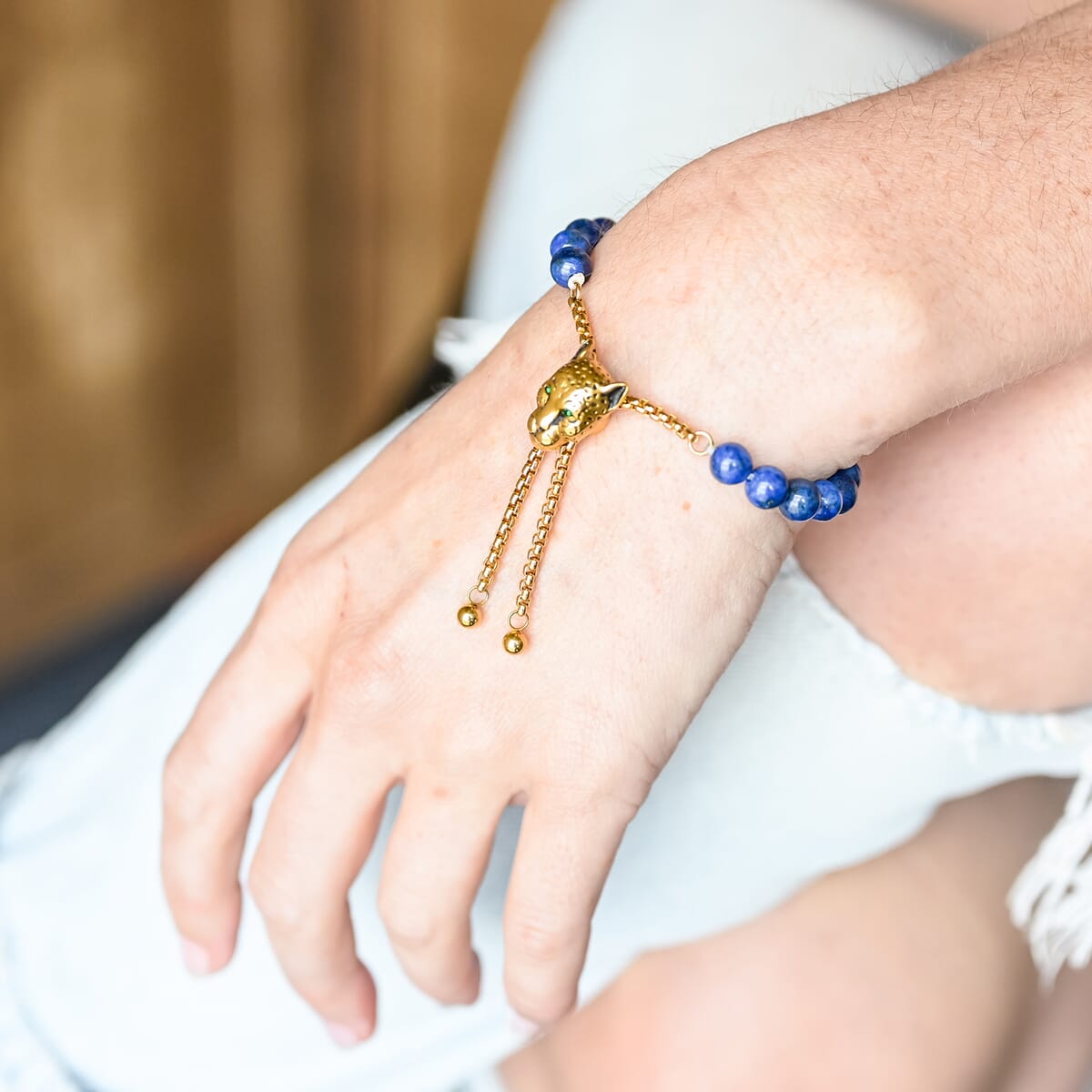 Lapis Lazuli and Neon Green Austrian Crystal Bolo Bracelet with Tiger Motif Slider Lock in ION Plated YG Stainless Steel (6-9In) 30.00 ctw image number 2