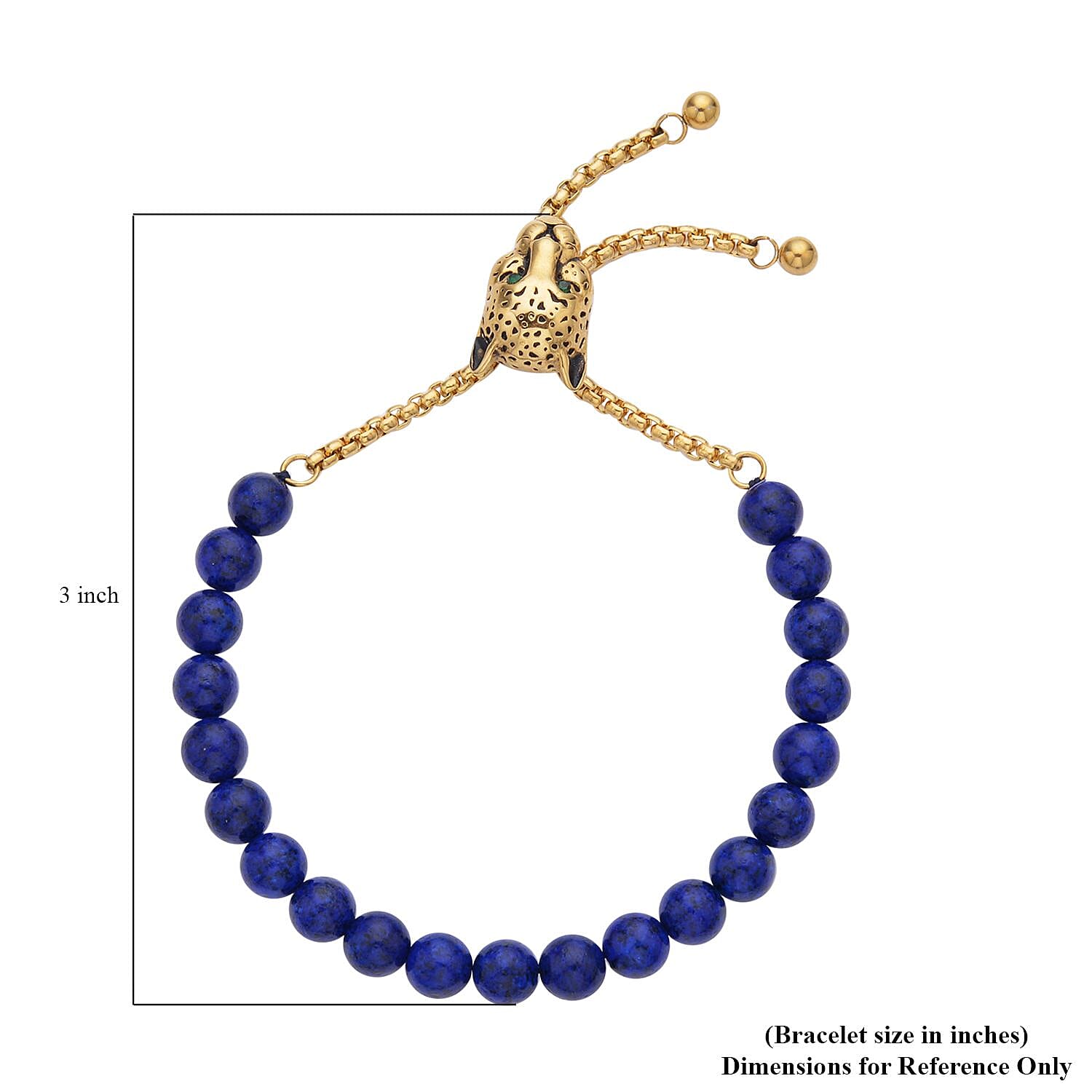 EverTrue Lapis Lazuli, Neon Green Austrian Crystal Bolo Bracelet with Panther Motif Slider Lock in ION Plated YG Stainless Steel (6-9In) 30.00 ctw , Tarnish-Free, Waterproof, Sweat Proof Jewelry