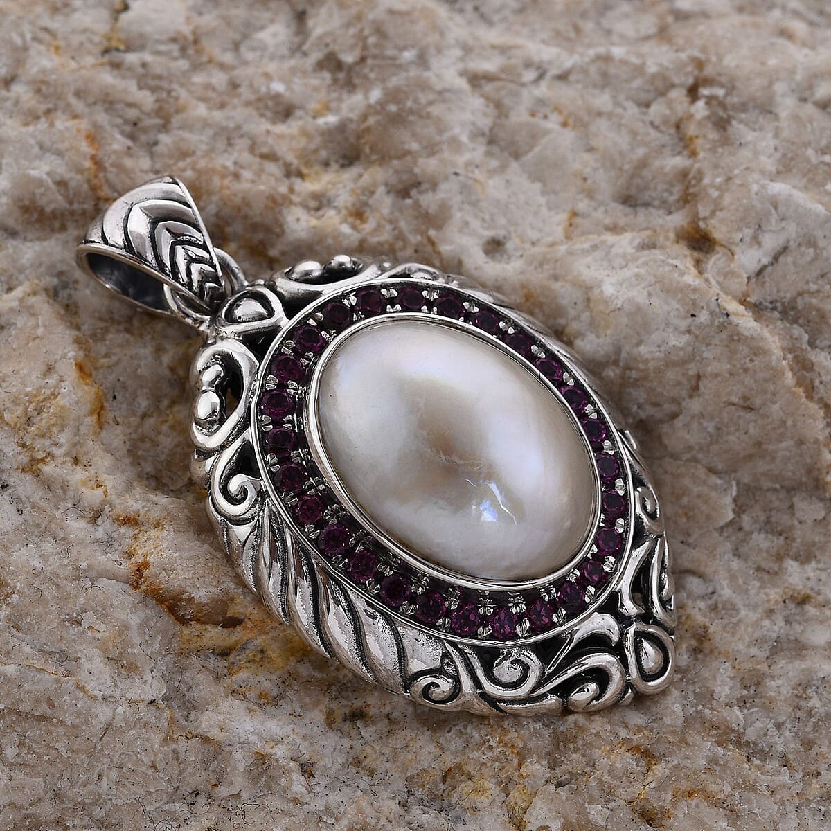 Bali Legacy White Mabe Pearl and Orissa Rhodolite Garnet Floral Pendant in Sterling Silver 1.00 ctw image number 1