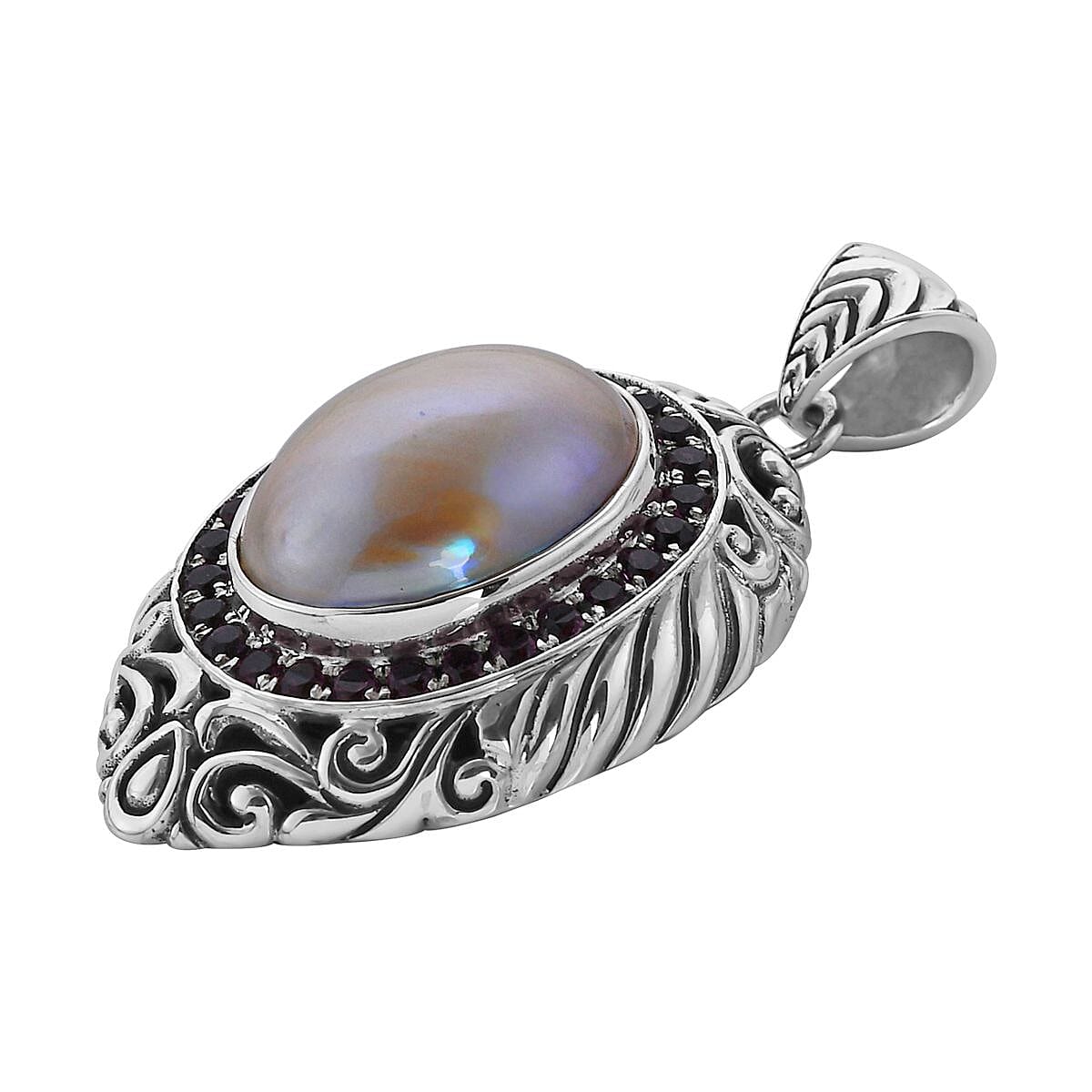 Bali Legacy White Mabe Pearl and Orissa Rhodolite Garnet Floral Pendant in Sterling Silver 1.00 ctw image number 2