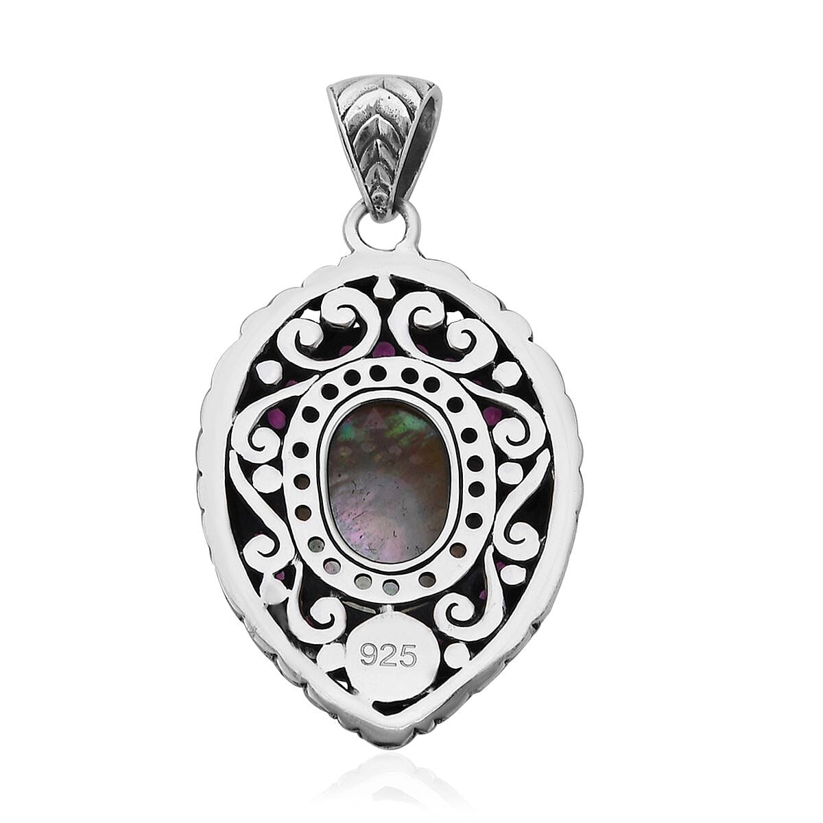 Bali Legacy White Mabe Pearl and Orissa Rhodolite Garnet Floral Pendant in Sterling Silver 1.00 ctw image number 3