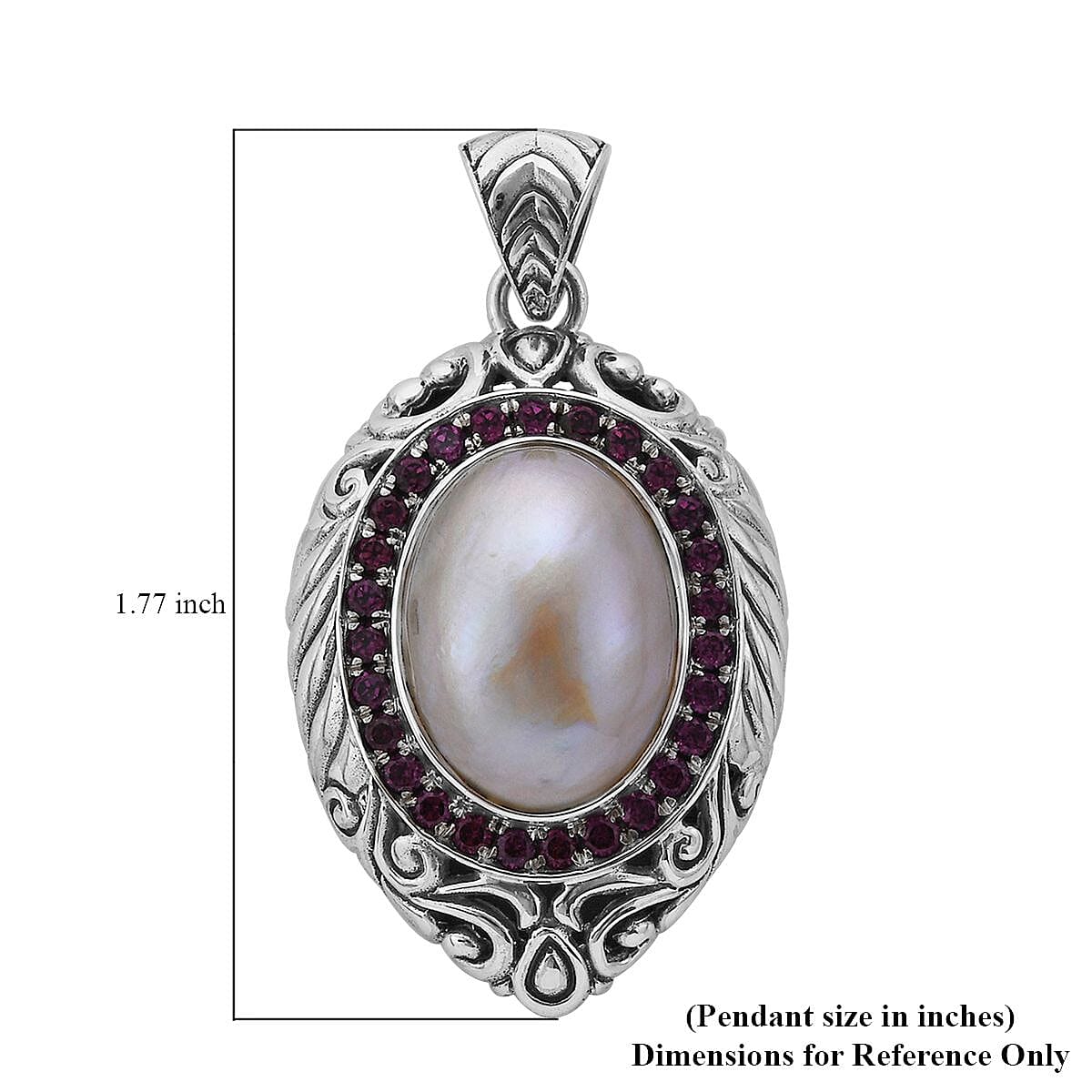 Bali Legacy White Mabe Pearl and Orissa Rhodolite Garnet Floral Pendant in Sterling Silver 1.00 ctw image number 4