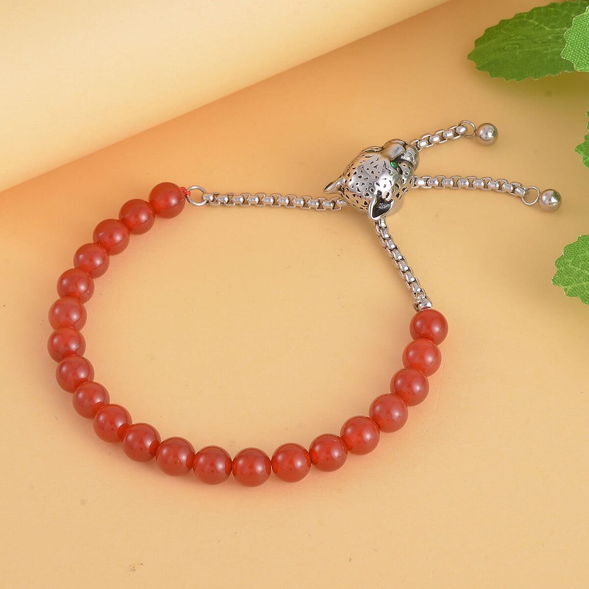 EverTrue Red Agate, Neon Green Austrian Crystal Bolo Bracelet with Panther Motif Slider Lock in Black Oxidized Stainless Steel (6-9In) 30.00 ctw , Tarnish-Free, Waterproof, Sweat Proof Jewelry image number 1