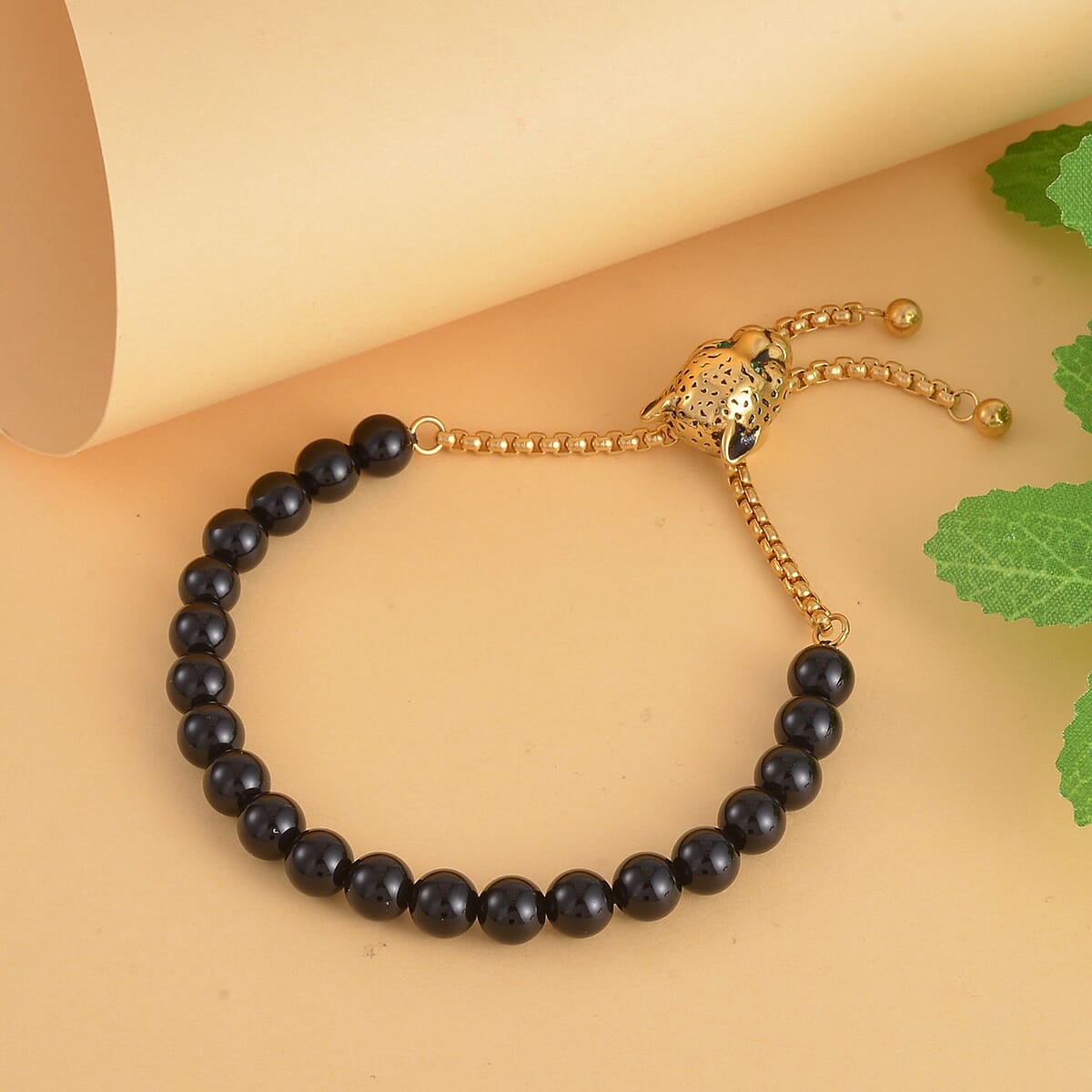 EverTrue Black Agate, Neon Green Austrian Crystal Bolo Bracelet with Panther Motif Slider Lock in ION Plated YG Stainless Steel (6-9In) 30.00 ctw , Tarnish-Free, Waterproof, Sweat Proof Jewelry image number 1