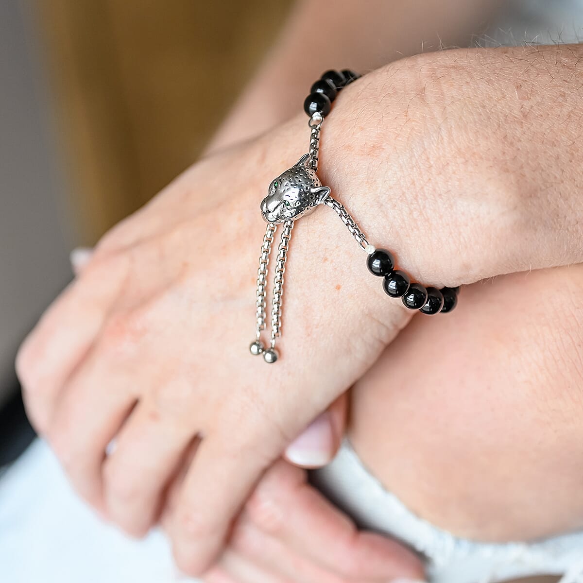 EverTrue Black Agate, Neon Green Austrian Crystal Bolo Bracelet with Panther Motif Slider Lock in ION Plated YG Stainless Steel (6-9In) 30.00 ctw , Tarnish-Free, Waterproof, Sweat Proof Jewelry image number 2