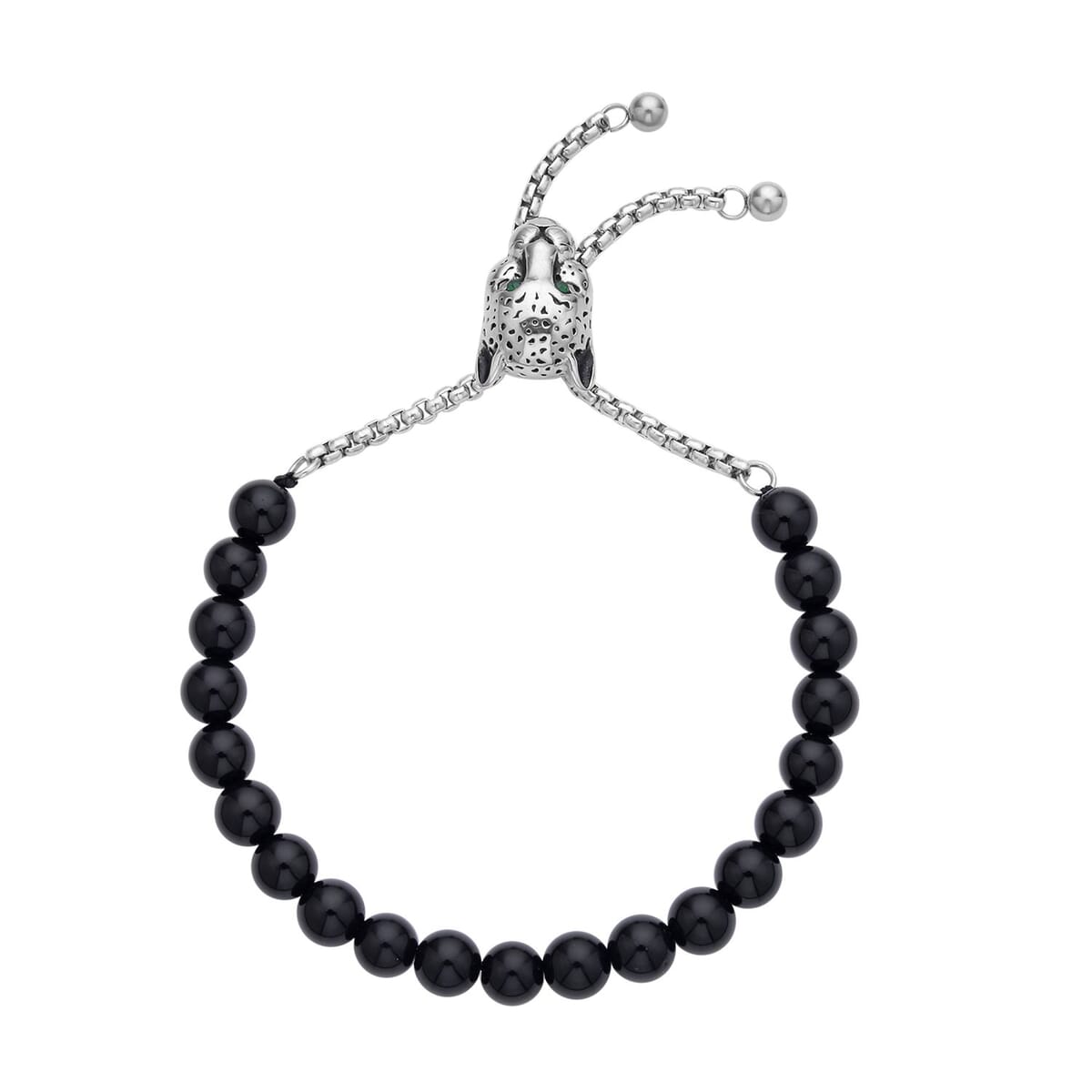 EverTrue Black Agate, Neon Green Austrian Crystal Bolo Bracelet with Panther Motif Slider Lock in Black Oxidized Stainless Steel (6-9In) 30.00 ctw , Tarnish-Free, Waterproof, Sweat Proof Jewelry image number 0