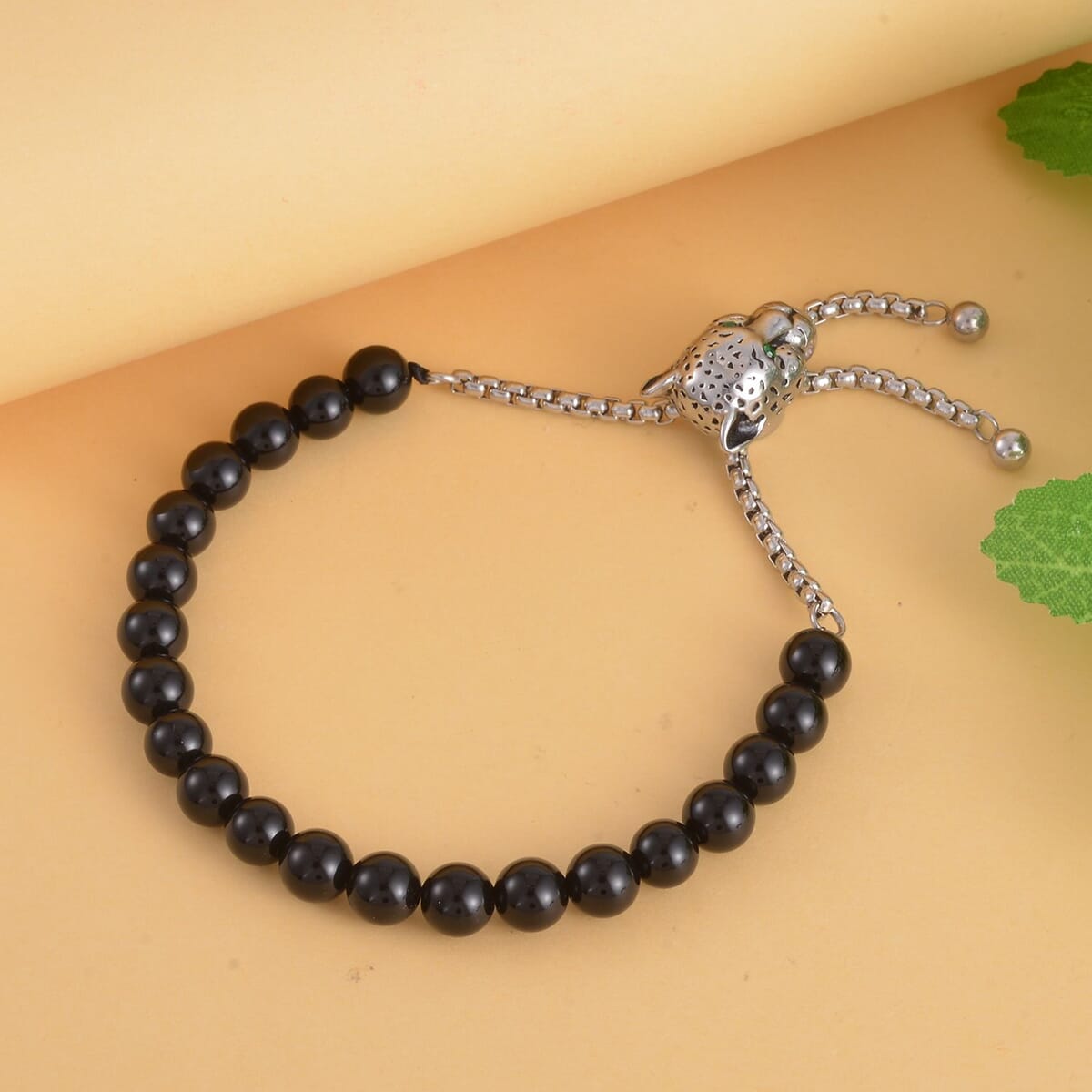 EverTrue Black Agate, Neon Green Austrian Crystal Bolo Bracelet with Panther Motif Slider Lock in Black Oxidized Stainless Steel (6-9In) 30.00 ctw , Tarnish-Free, Waterproof, Sweat Proof Jewelry image number 1