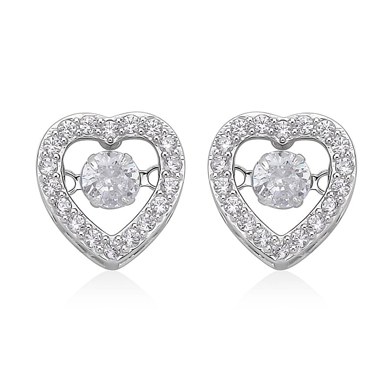Simulated Diamond Heart Shape Dancing Earrings in Rhodium Over Sterling Silver 1.50 ctw