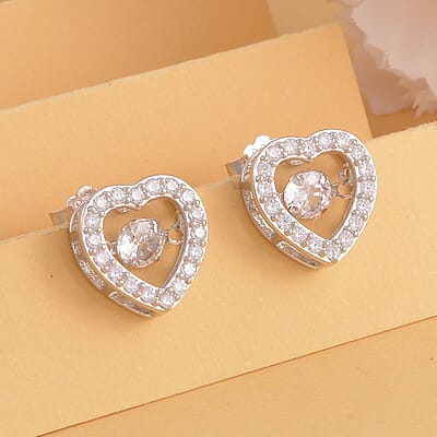Simulated Diamond Heart Shape Dancing Earrings in Rhodium Over Sterling Silver 1.50 ctw