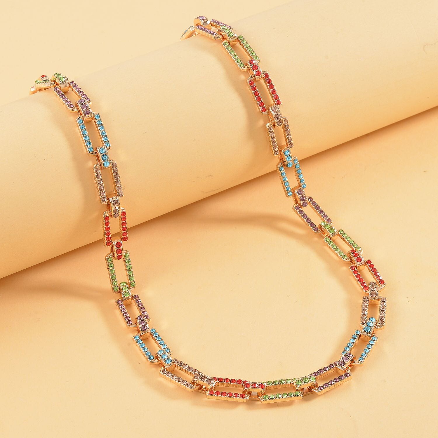 Multi Color Austrian Crystal Link Necklace 20-22 Inches in Goldtone