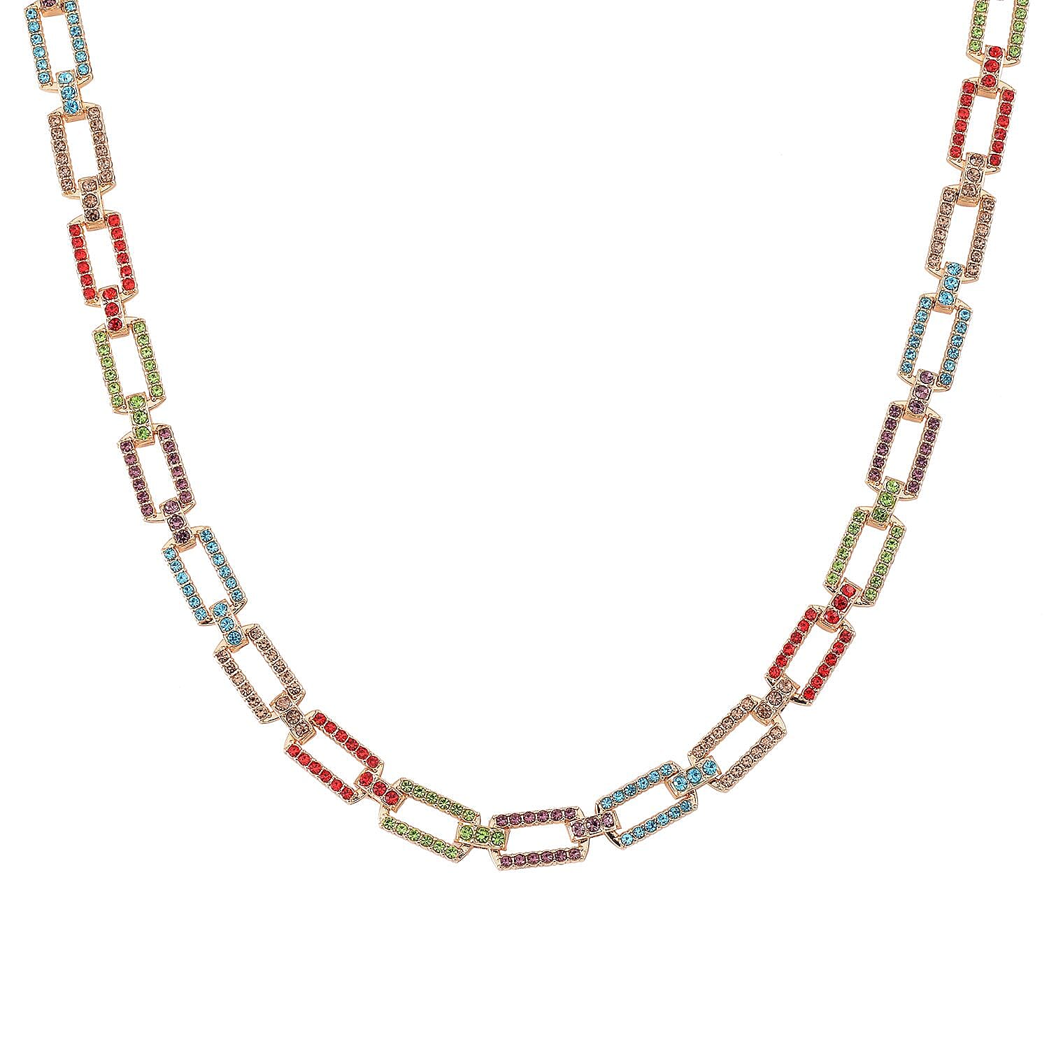 Multi Color Austrian Crystal Link Necklace 20-22 Inches in Goldtone