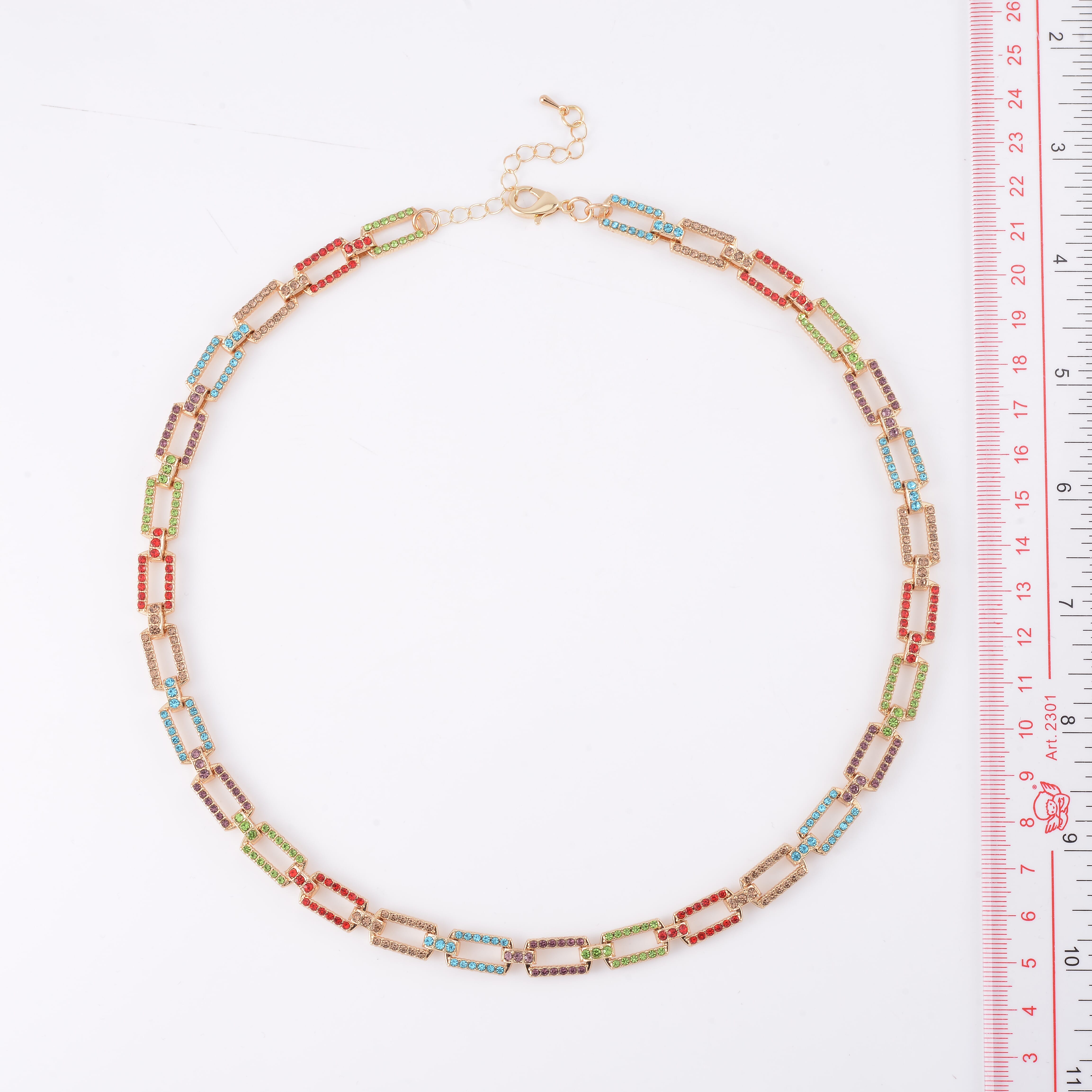 Multi Color Austrian Crystal Link Necklace 20-22 Inches in Goldtone