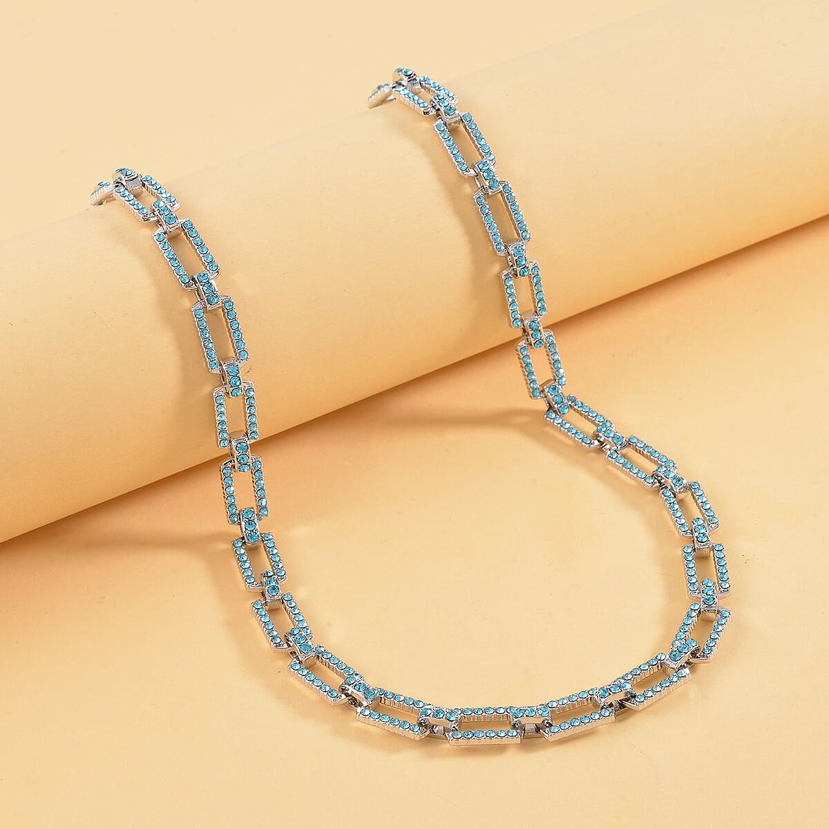 Aquamarine Blue Color Austrian Crystal Link Necklace 20-22 Inches in Silvertone image number 1