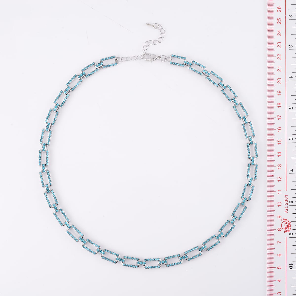 Aquamarine Blue Color Austrian Crystal Link Necklace 20-22 Inches in Silvertone image number 3