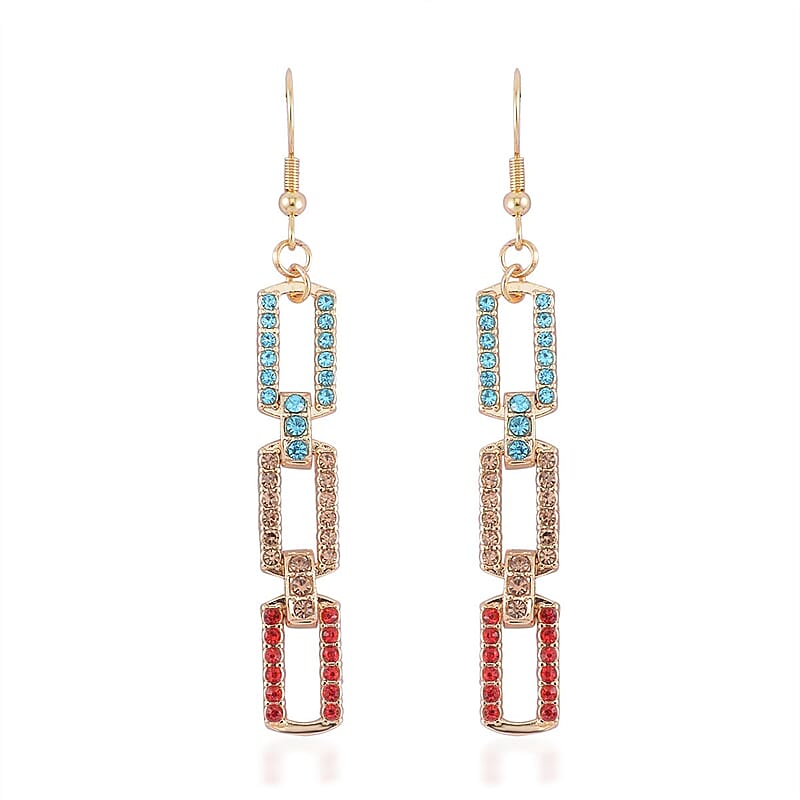 Multi Color Austrian Crystal Link Dangle Earrings in Goldtone
