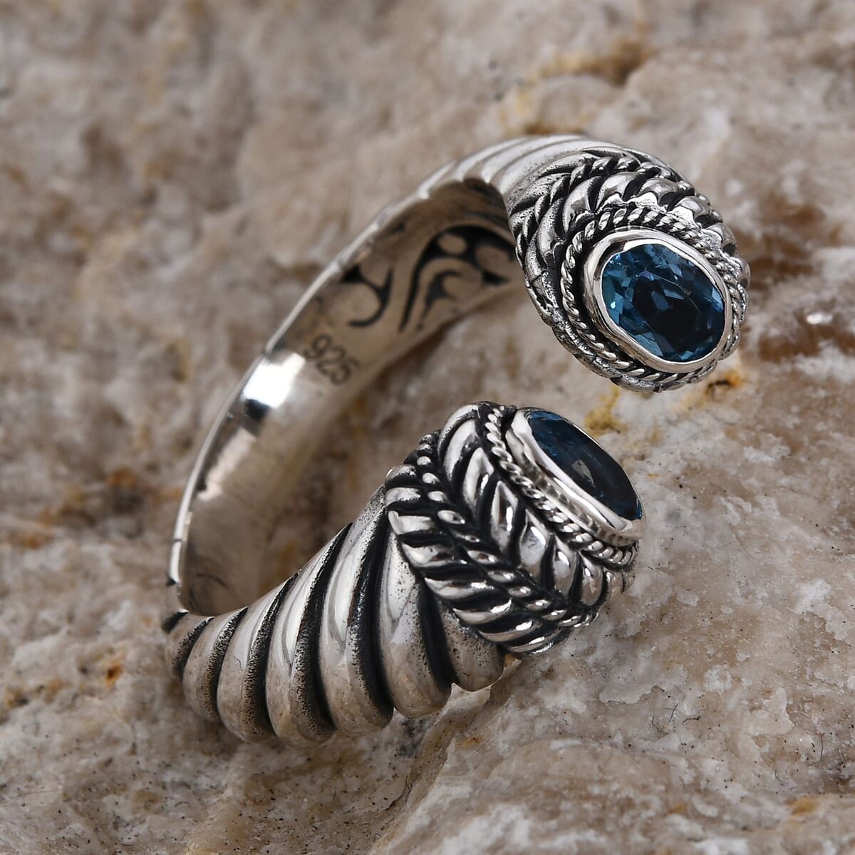 BALI LEGACY Swiss Blue Topaz Open Band Ring in Sterling Silver (Size 6.0) (7.80 g) 1.00 ctw image number 1