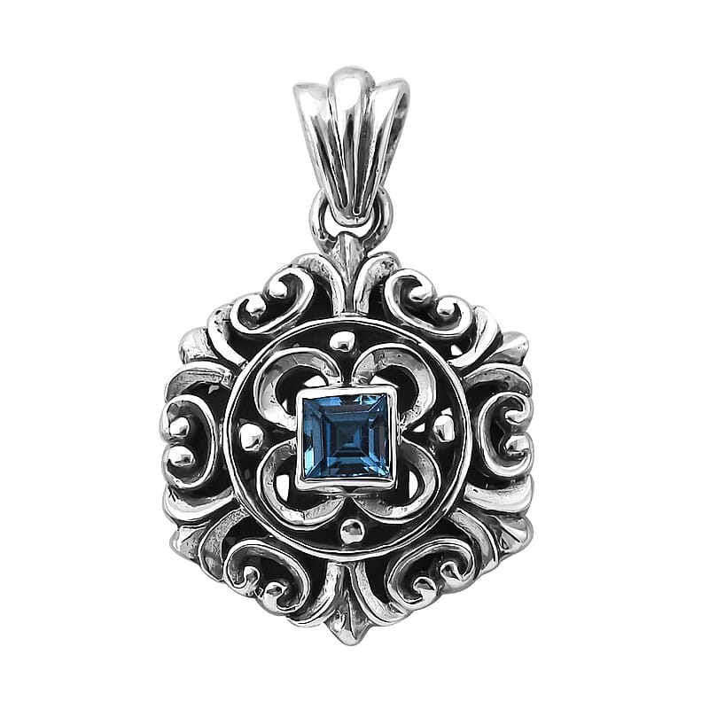 Bali Legacy Swiss Blue Topaz Floral Pendant in Sterling Silver 0.40 ctw