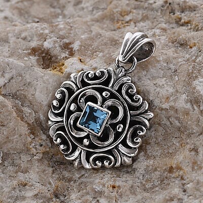 Bali Legacy Swiss Blue Topaz Floral Pendant in Sterling Silver 0.40 ctw