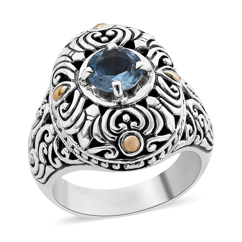 Bali Legacy Swiss Blue Topaz Floral Ring in 18K Yellow Gold and Sterling Silver (Size 10.0) (11.70 g) 1.50 ctw