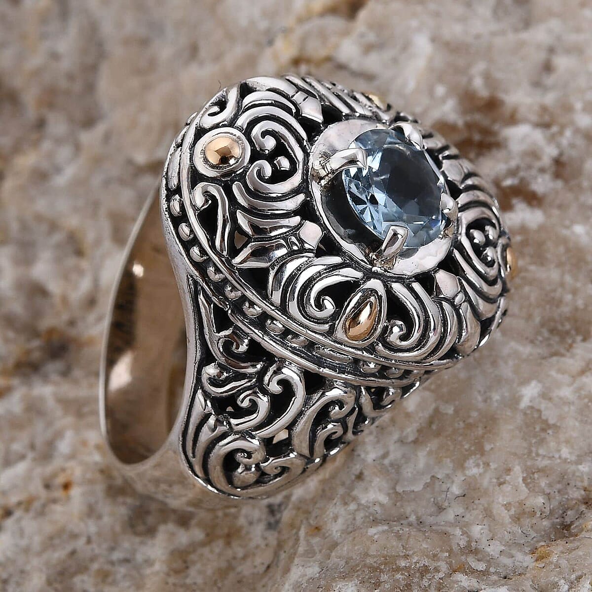 BALI LEGACY Swiss Blue Topaz Floral Ring in 18K Yellow Gold and Sterling Silver (Size 10.0) (11.70 g) 1.50 ctw image number 1