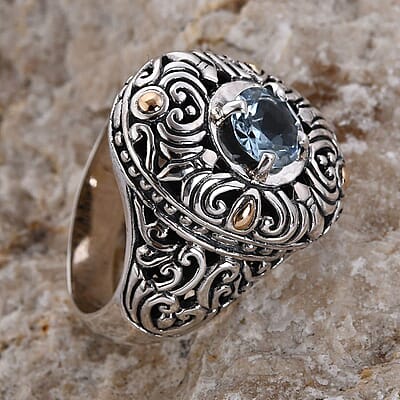 Bali Legacy Swiss Blue Topaz Floral Ring in 18K Yellow Gold and Sterling Silver (Size 10.0) (11.70 g) 1.50 ctw