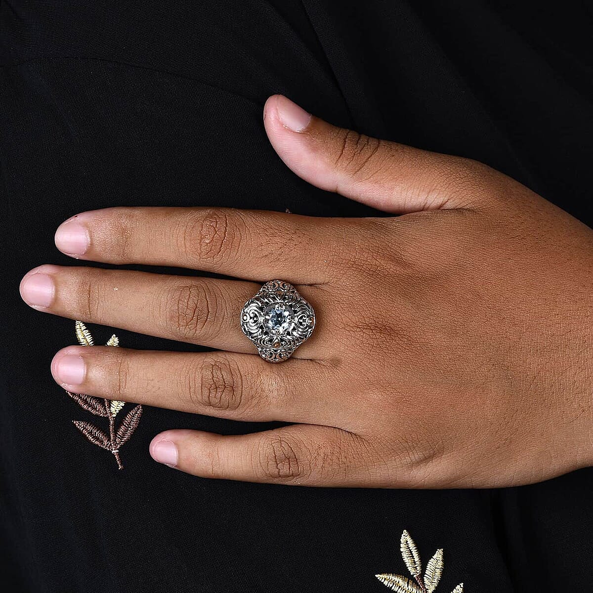 BALI LEGACY Swiss Blue Topaz Floral Ring in 18K Yellow Gold and Sterling Silver (Size 10.0) (11.70 g) 1.50 ctw image number 2