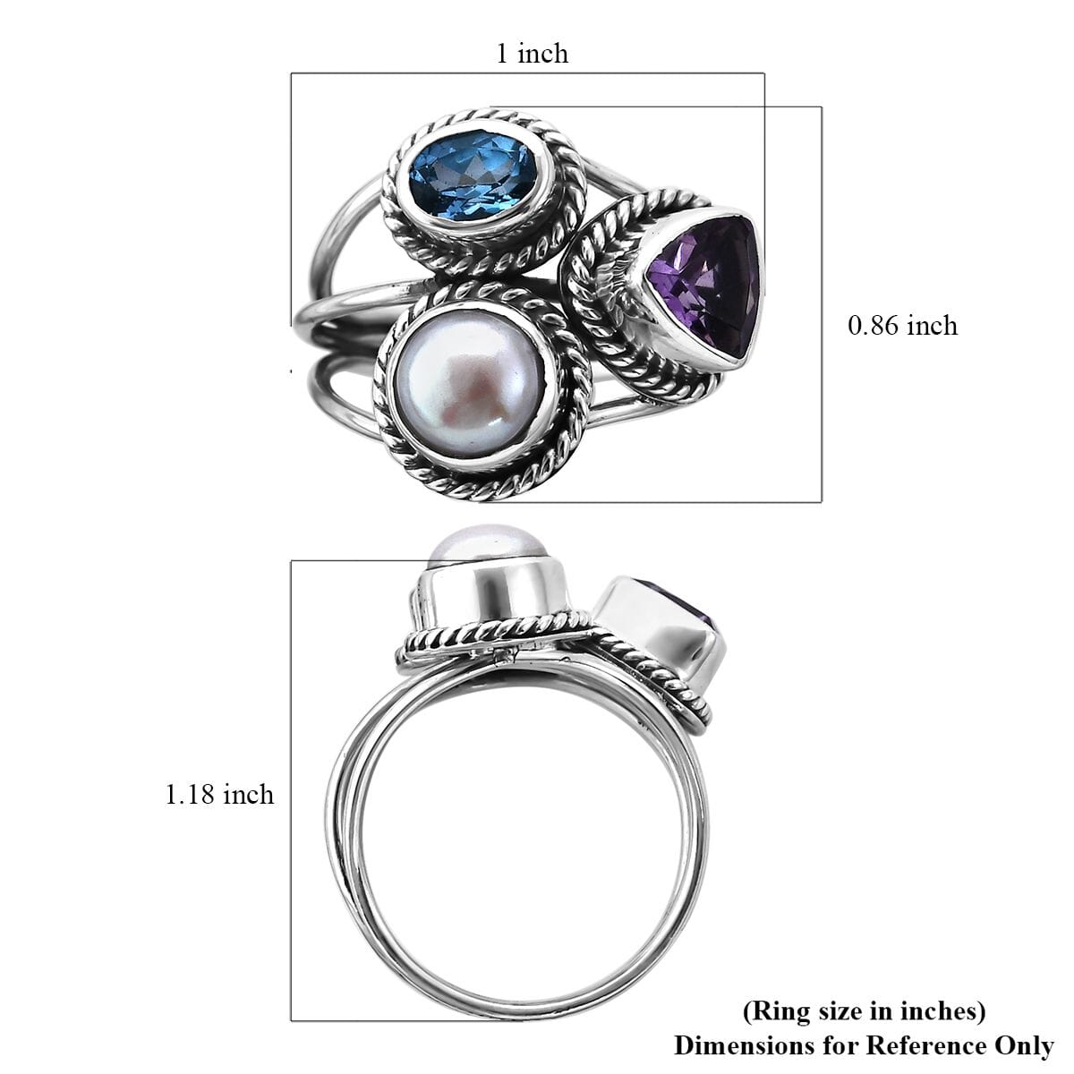 BALI LEGACY Amethyst, Swiss Blue Topaz and Freshwater Pearl Mixed Shapes 3 Row Ring in Sterling Silver 2.65 ctw image number 5