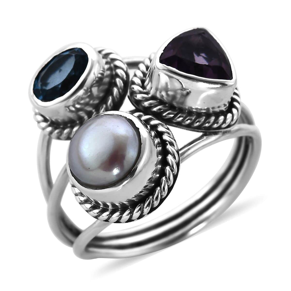Mother’s Day Gift Bali Legacy Amethyst, Swiss Blue Topaz and Freshwater Pearl Mixed Shapes 3 Row Ring in Sterling Silver (Size 7.0) 2.65 ctw image number 0