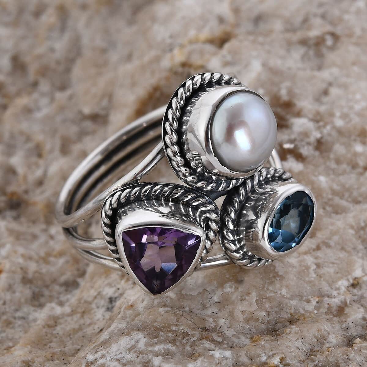 Mother’s Day Gift Bali Legacy Amethyst, Swiss Blue Topaz and Freshwater Pearl Mixed Shapes 3 Row Ring in Sterling Silver (Size 7.0) 2.65 ctw image number 1
