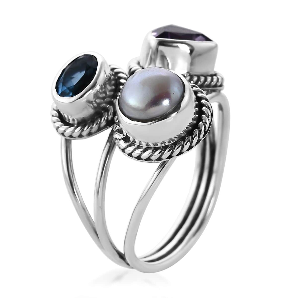 Mother’s Day Gift Bali Legacy Amethyst, Swiss Blue Topaz and Freshwater Pearl Mixed Shapes 3 Row Ring in Sterling Silver (Size 7.0) 2.65 ctw image number 3