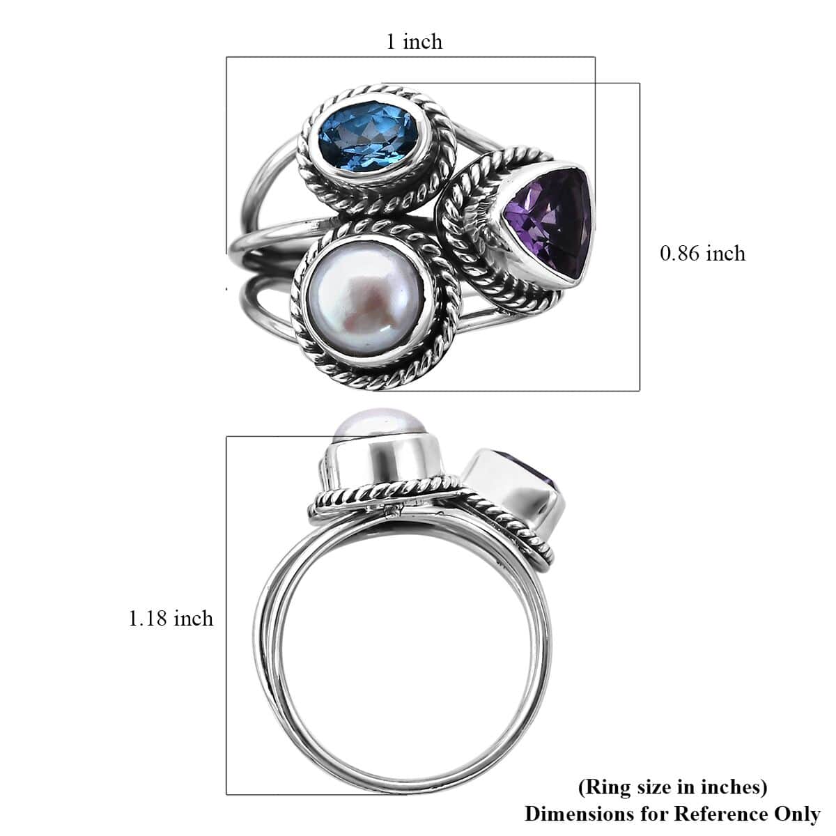 Mother’s Day Gift Bali Legacy Amethyst, Swiss Blue Topaz and Freshwater Pearl Mixed Shapes 3 Row Ring in Sterling Silver (Size 7.0) 2.65 ctw image number 5