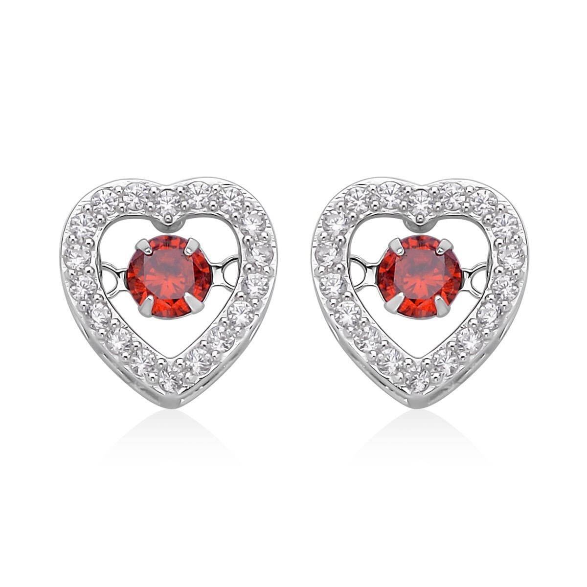 Simulated Red and White Diamond Heart Shape Dancing Earrings in Rhodium Over Sterling Silver 1.50 ctw image number 0