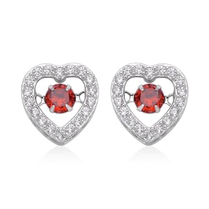 Simulated Red and White Diamond Heart Shape Dancing Earrings in Rhodium Over Sterling Silver 1.50 ctw